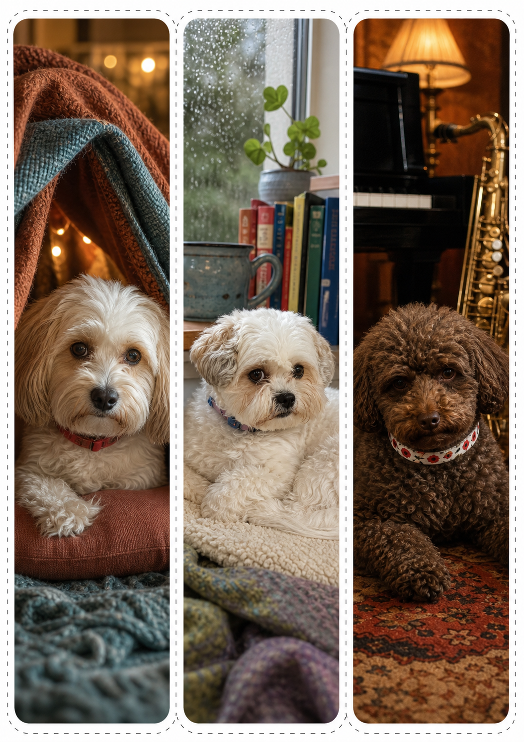 Three full-colour cozy dog bookmarks