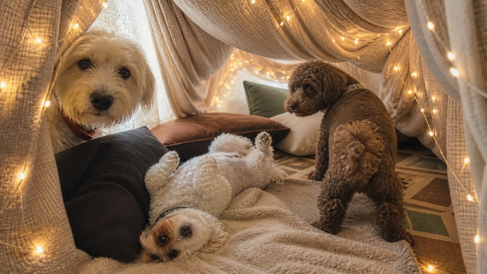 Molly, Shaina, and Poppy inside a blanket fort